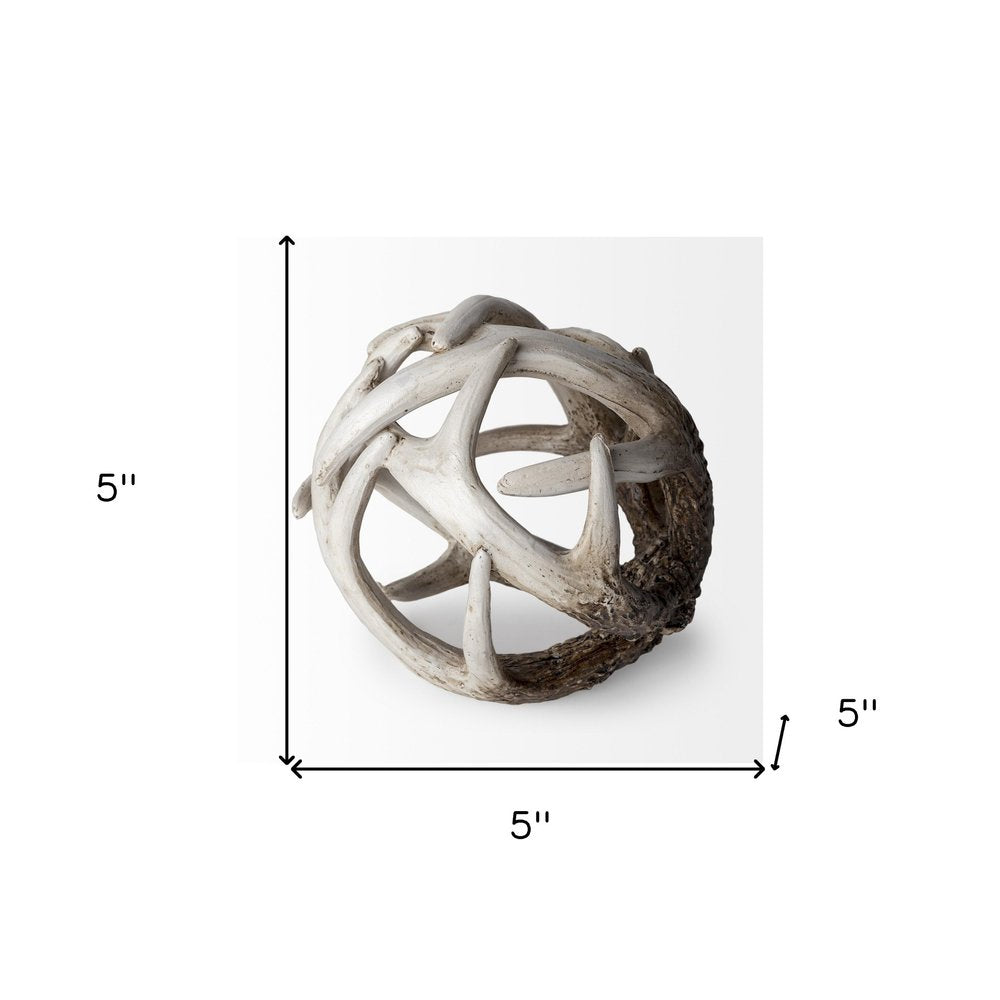 5" Off White And Brown Resin Faux Antler Decorative Orb HomeRoots