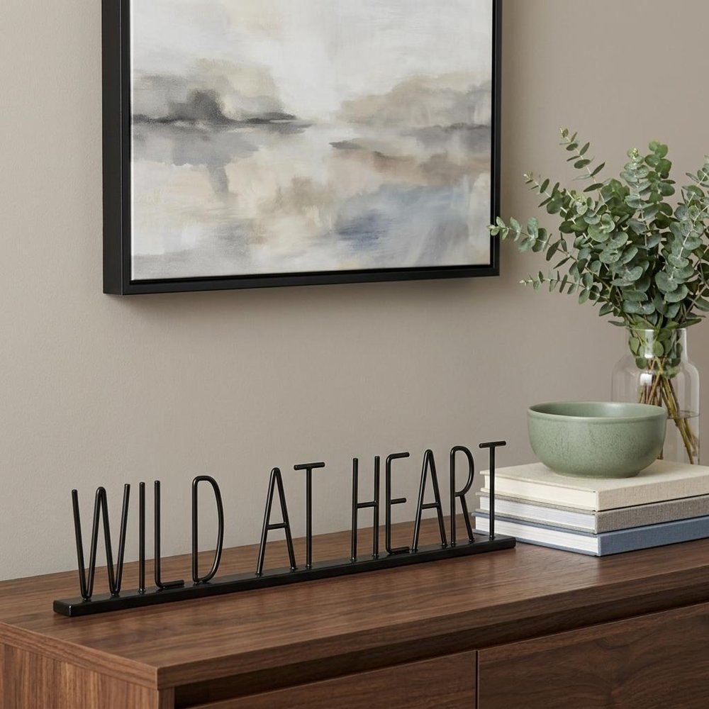 24" Black and Brown Metal And Wood Wild At Heart Tabletop Sign HomeRoots