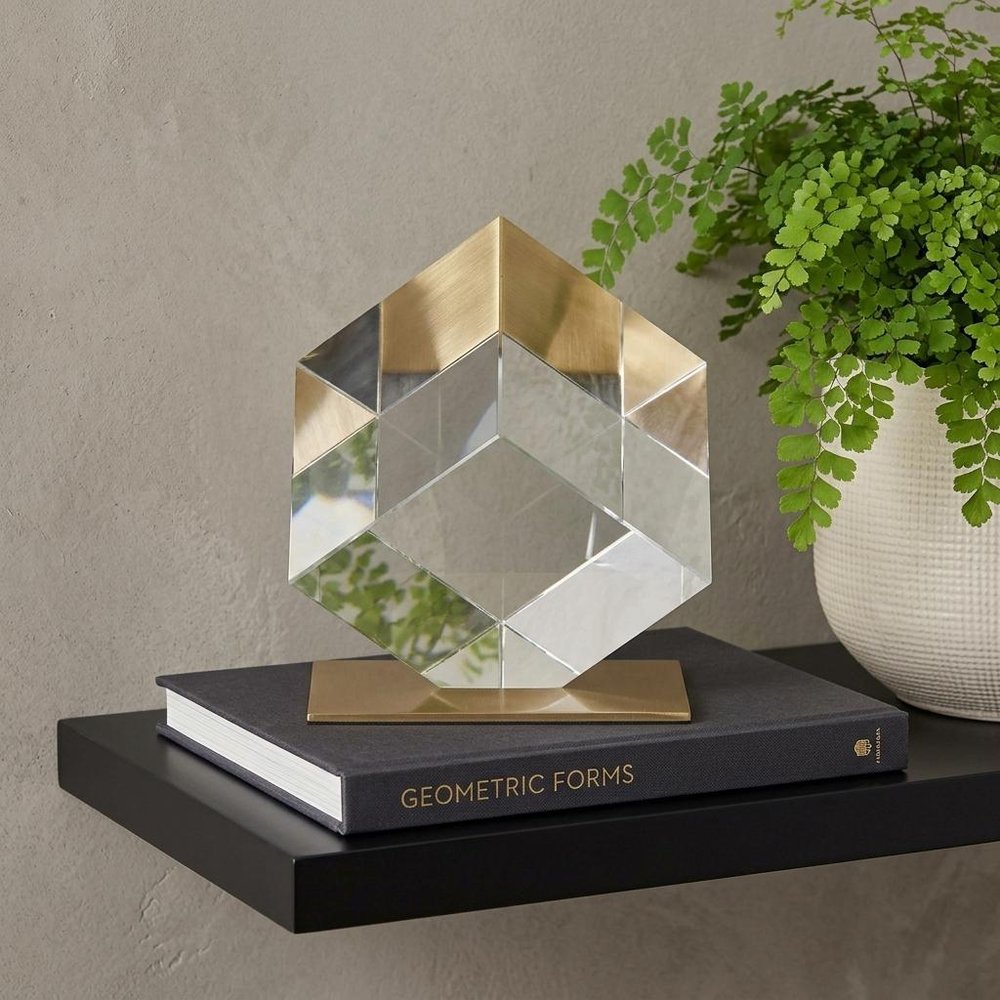 6" Optical Glass Cube And Gold Sculpture HomeRoots