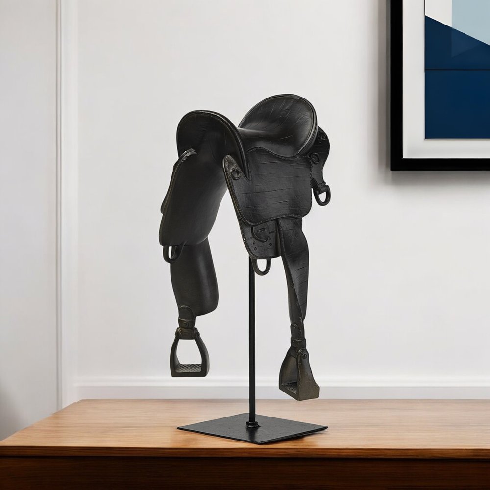 17" Black Metal And Resin English Horse Saddle Tabletop Sculpture HomeRoots