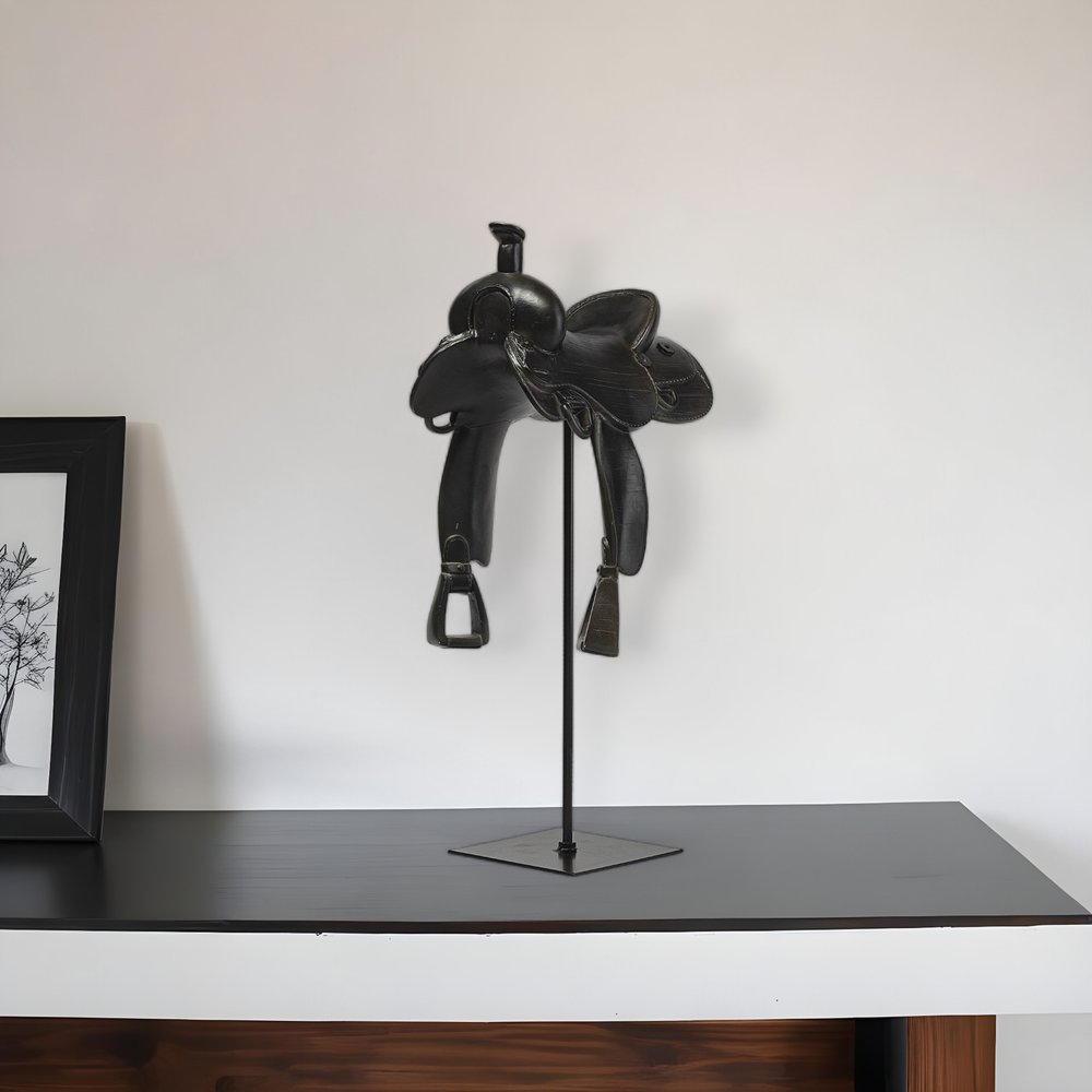 16" Black Metal and Resin Western Horse Saddle Tabletop Sculpture HomeRoots