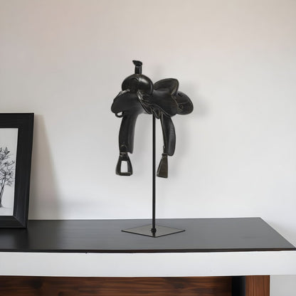 16" Black Metal and Resin Western Horse Saddle Tabletop Sculpture HomeRoots