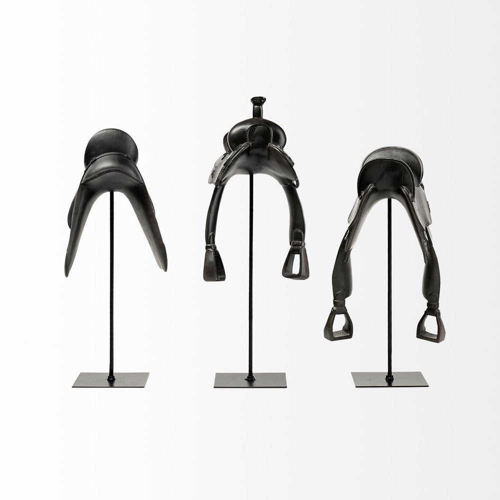 16" Black Metal and Resin Western Horse Saddle Tabletop Sculpture HomeRoots