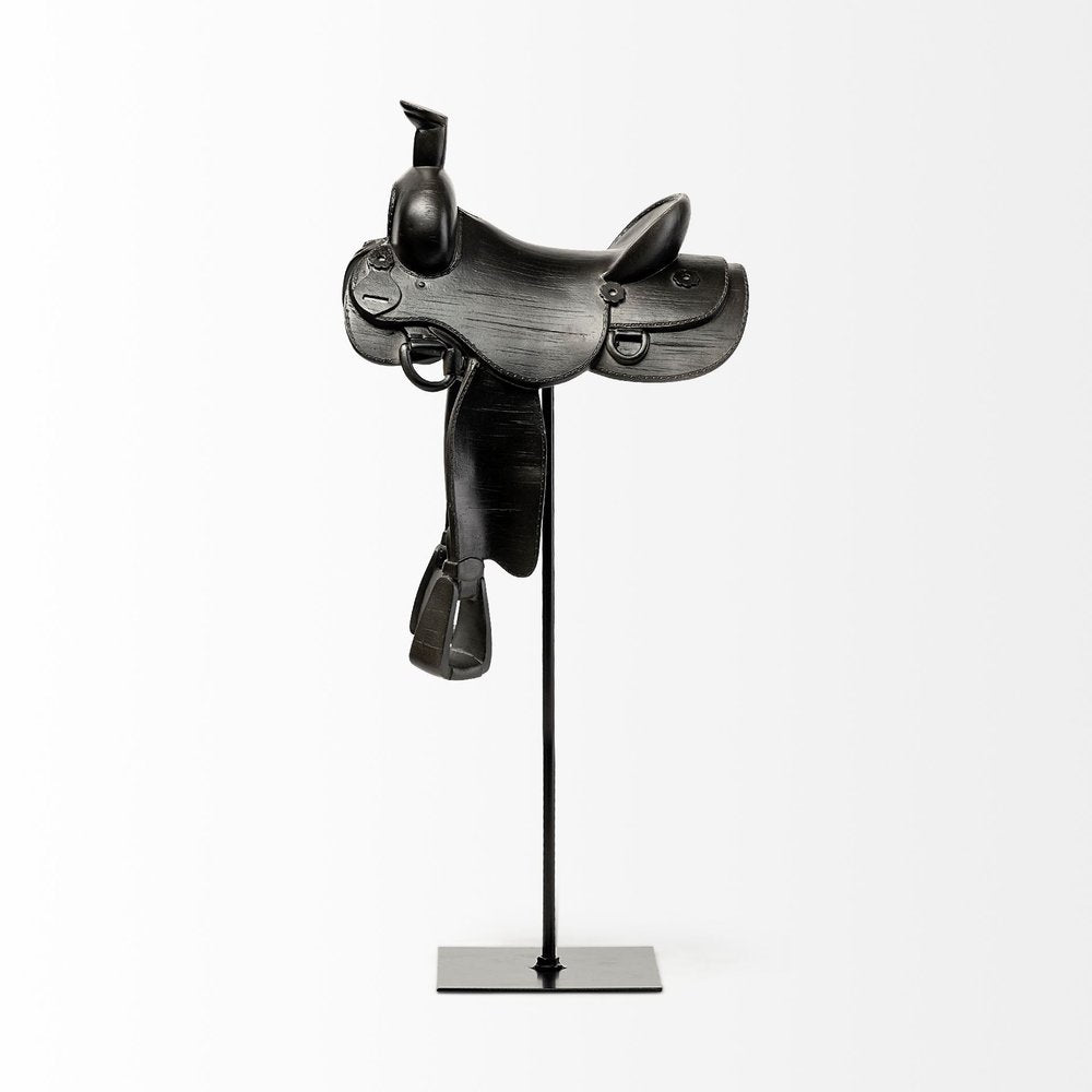 16" Black Metal and Resin Western Horse Saddle Tabletop Sculpture — view 2