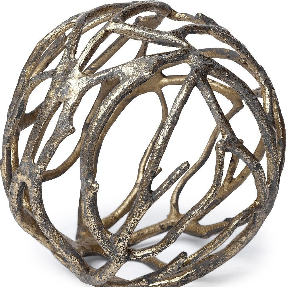 7" Antiqued Gold Rustic Tree Branch Aluminum Orb Tabletop Sculpture — view 7
