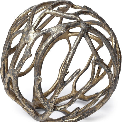 7" Antiqued Gold Rustic Tree Branch Aluminum Orb Tabletop Sculpture HomeRoots