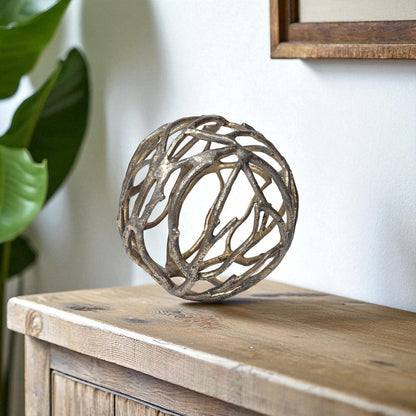 7" Antiqued Gold Rustic Tree Branch Aluminum Orb Tabletop Sculpture HomeRoots