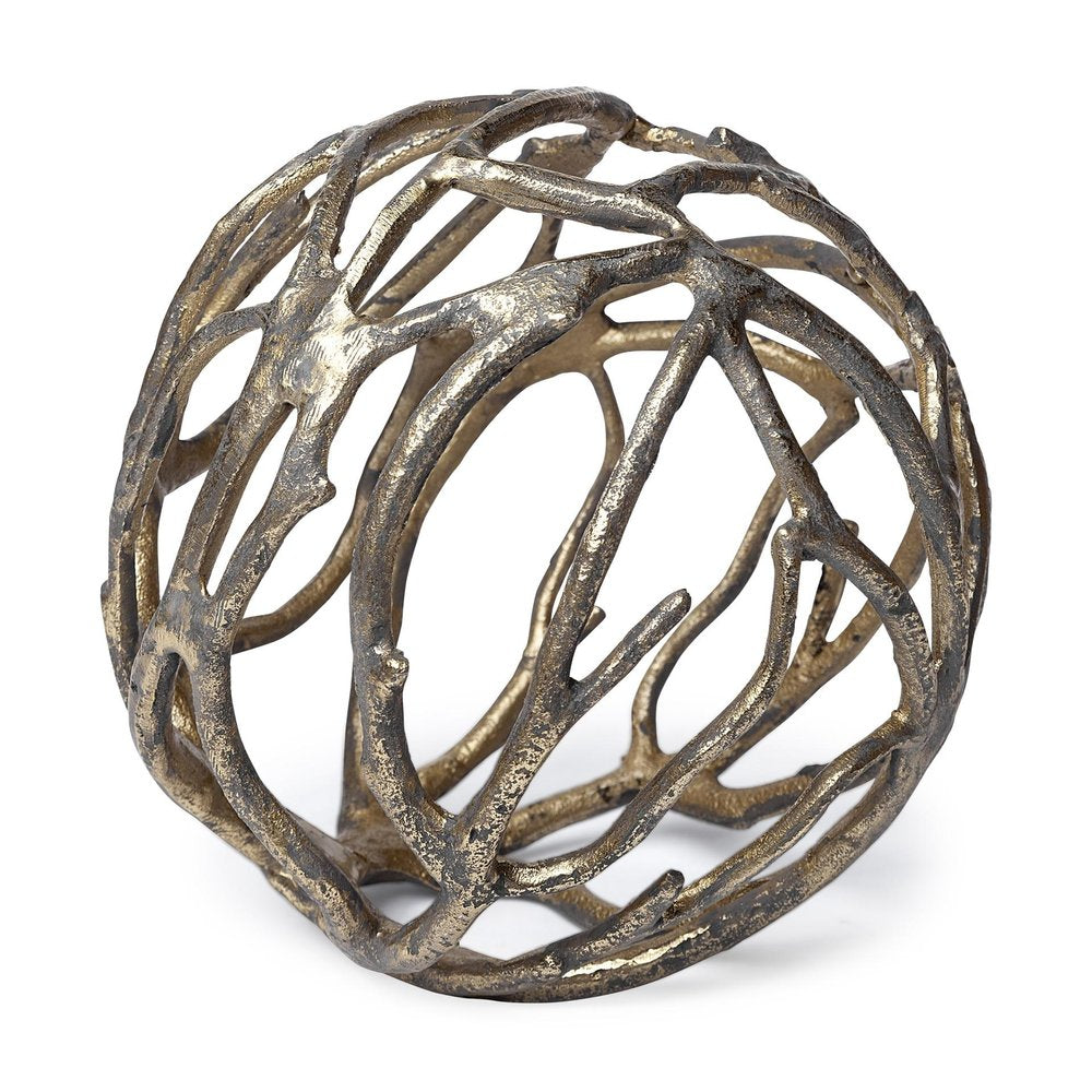 7" Antiqued Gold Rustic Tree Branch Aluminum Orb Tabletop Sculpture HomeRoots
