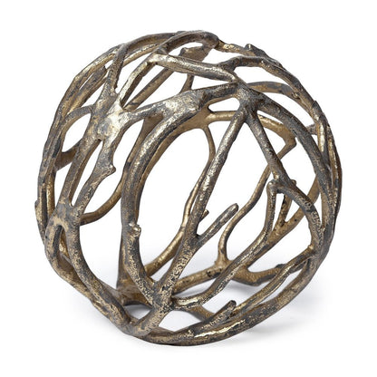 7" Antiqued Gold Rustic Tree Branch Aluminum Orb Tabletop Sculpture HomeRoots