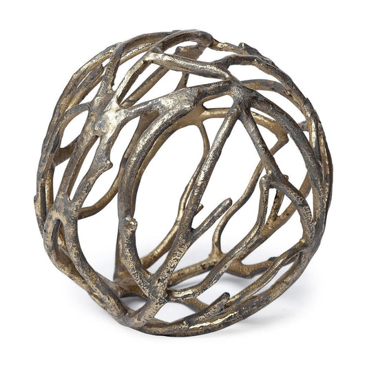 7" Antiqued Gold Rustic Tree Branch Aluminum Orb Tabletop Sculpture HomeRoots