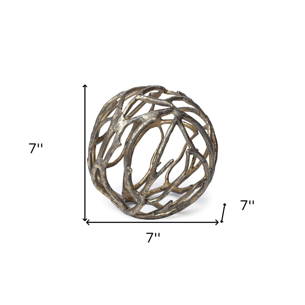 7" Antiqued Gold Rustic Tree Branch Aluminum Orb Tabletop Sculpture HomeRoots