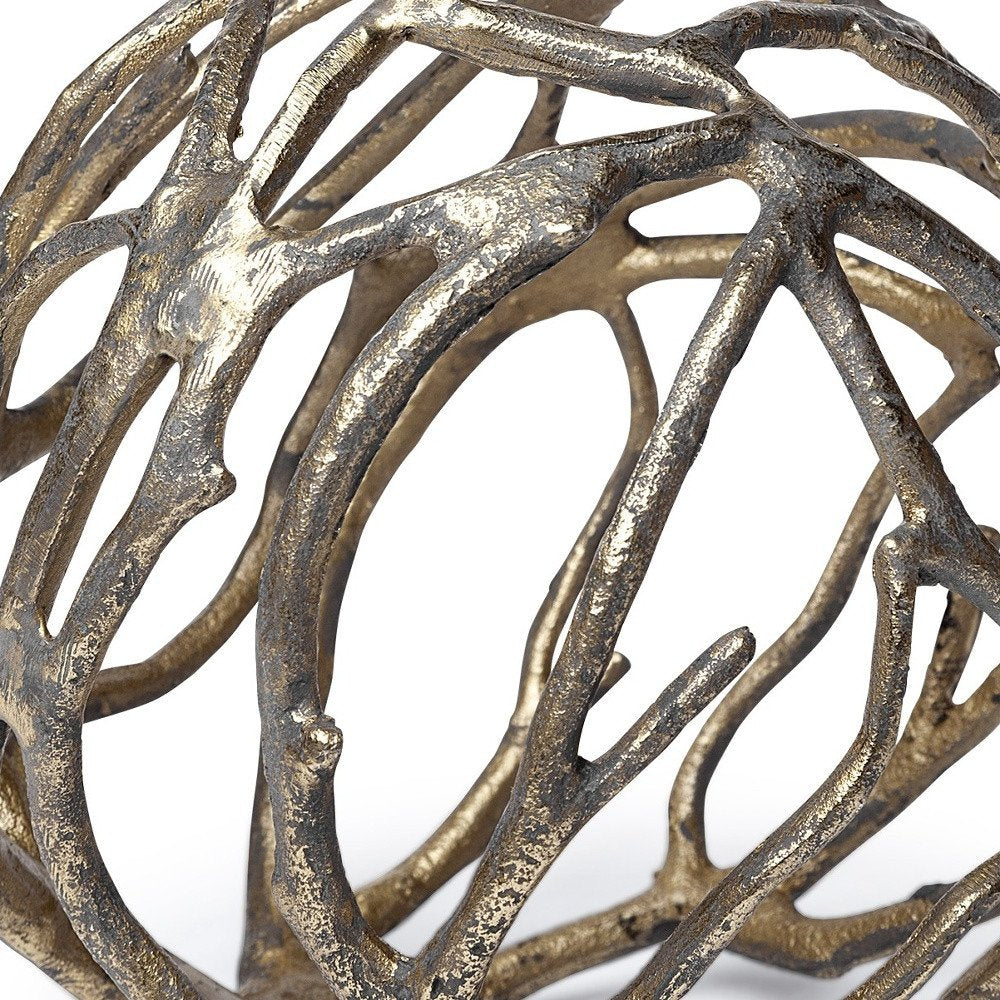 7" Antiqued Gold Rustic Tree Branch Aluminum Orb Tabletop Sculpture — view 6