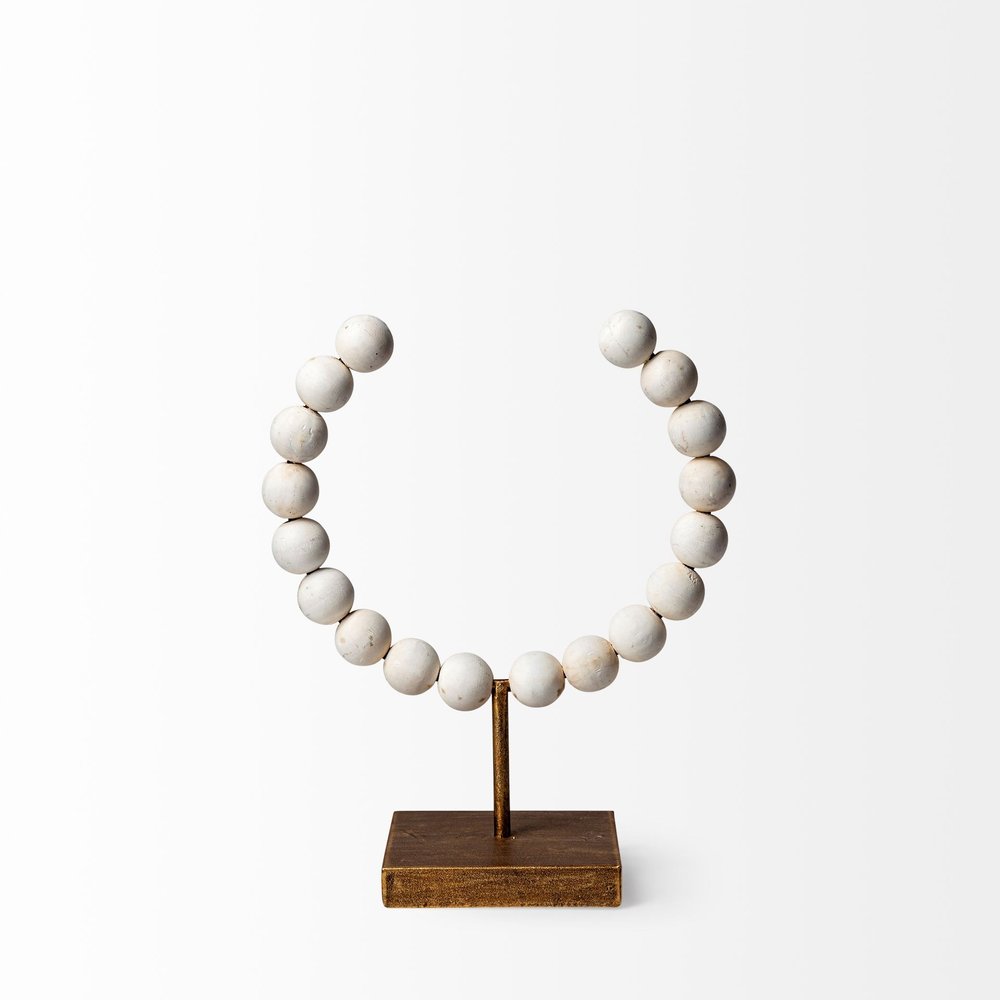 12" White and Gold Wood and Metal Abstract Beaded Tabletop Sculpture HomeRoots