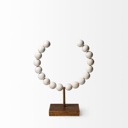 12" White and Gold Wood and Metal Abstract Beaded Tabletop Sculpture HomeRoots