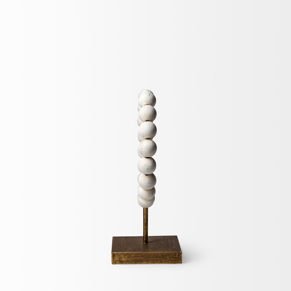 12" White and Gold Wood and Metal Abstract Beaded Tabletop Sculpture HomeRoots