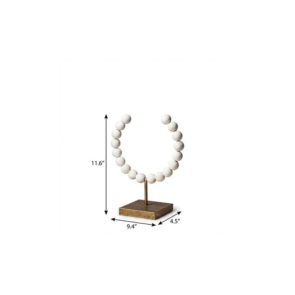 12" White and Gold Wood and Metal Abstract Beaded Tabletop Sculpture HomeRoots