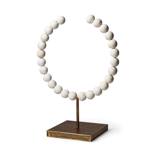 16" White and Gold Wood and Metal Abstract Beaded Tabletop Sculpture HomeRoots