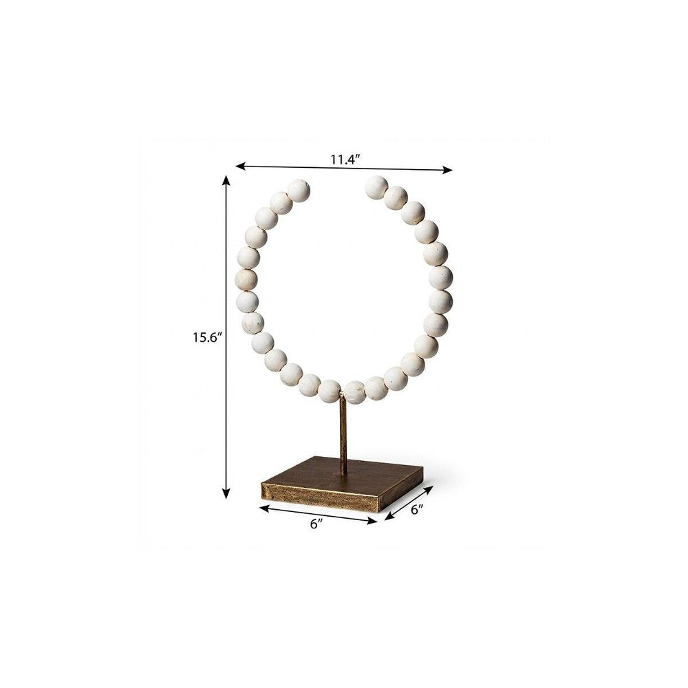 16" White and Gold Wood and Metal Abstract Beaded Tabletop Sculpture HomeRoots