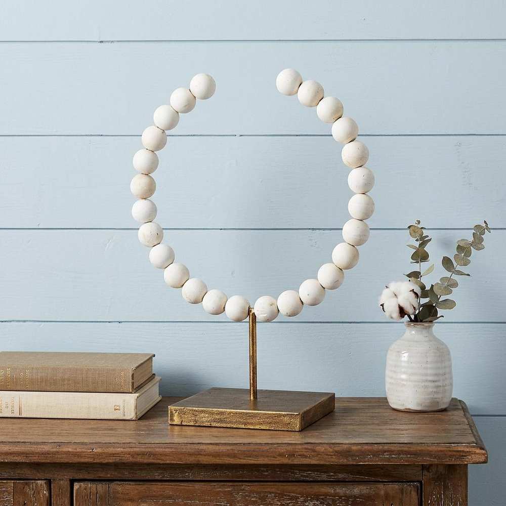 16" White and Gold Wood and Metal Abstract Beaded Tabletop Sculpture — view 6