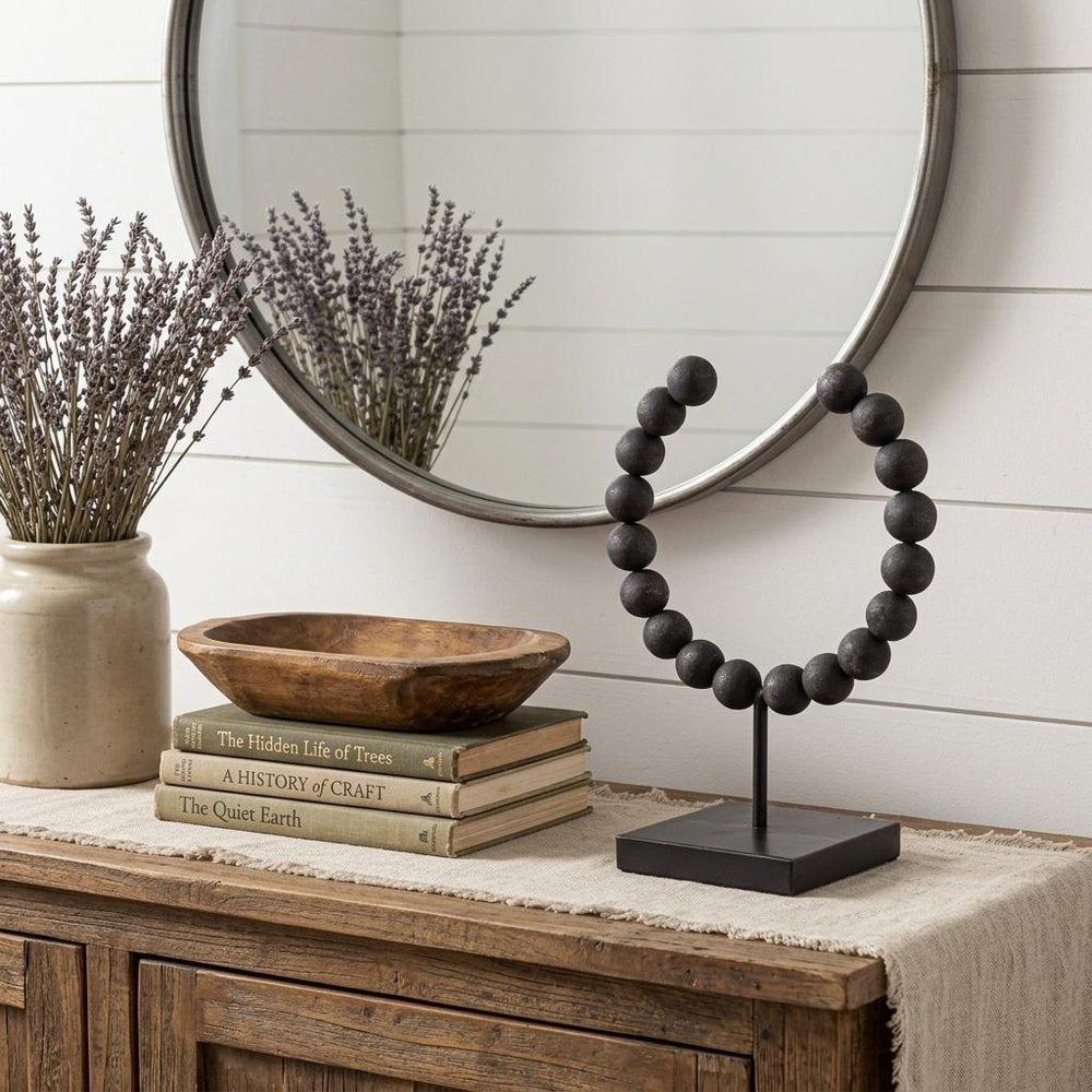 12" Black Wood and Metal Abstract Beaded Tabletop Sculpture HomeRoots
