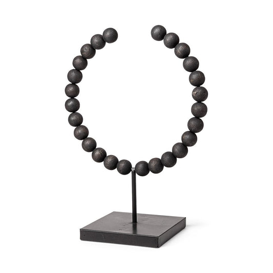 16" Black Wood and Metal Abstract Beaded Tabletop Sculpture HomeRoots