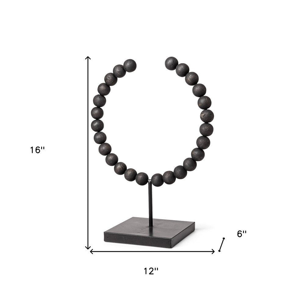 16" Black Wood and Metal Abstract Beaded Tabletop Sculpture HomeRoots