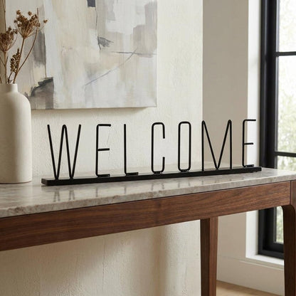 24" Black Metal Welcome Sign Tabletop Sculpture HomeRoots