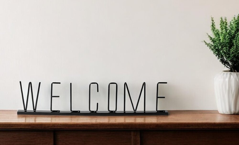 24" Black Metal Welcome Sign Tabletop Sculpture HomeRoots