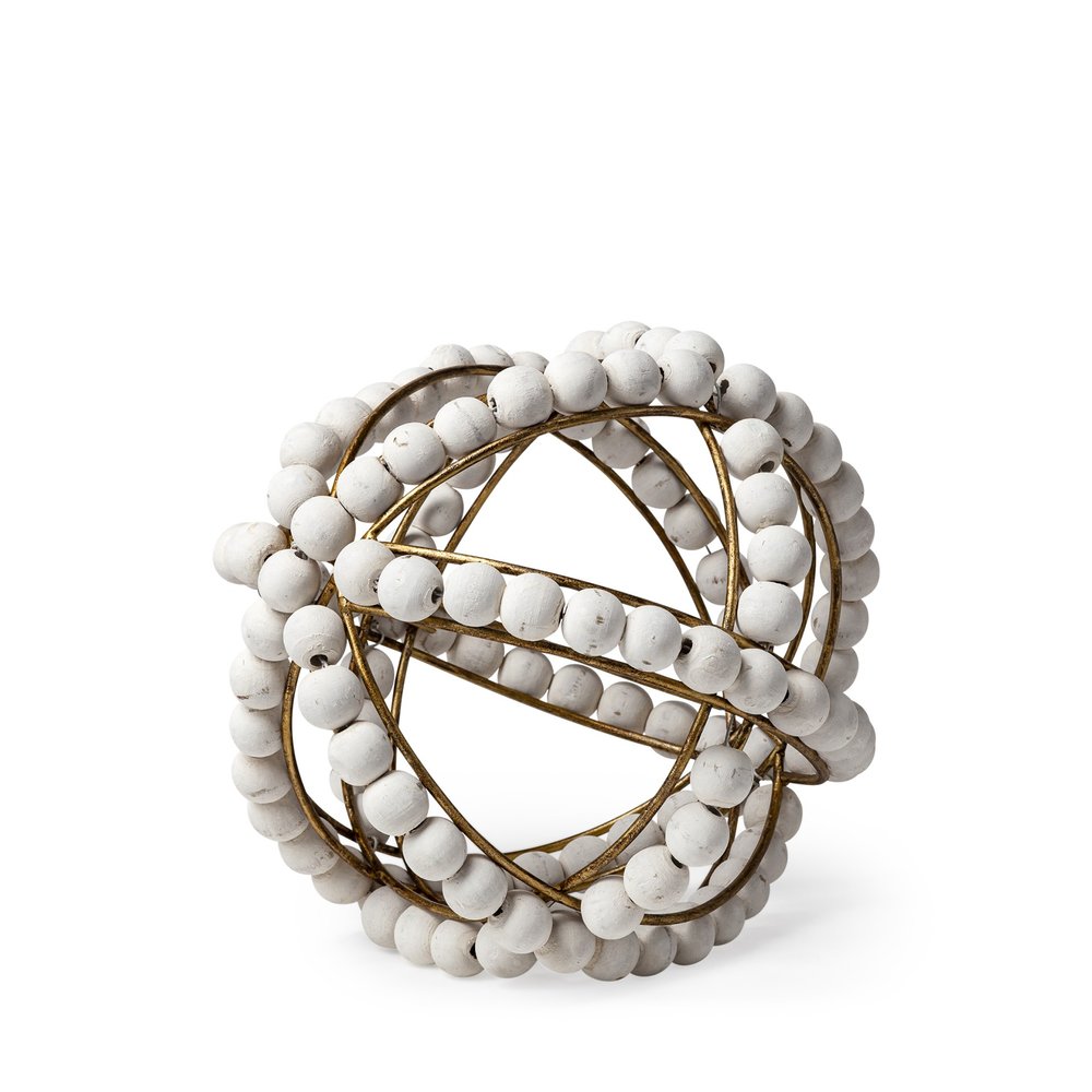9" White And Gold Wooden Bead And Metal Orb Sculpture HomeRoots