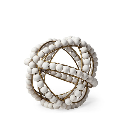 9" White And Gold Wooden Bead And Metal Orb Sculpture HomeRoots