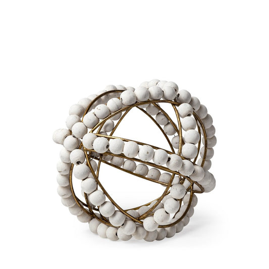 9" White And Gold Wooden Bead And Metal Orb Sculpture HomeRoots
