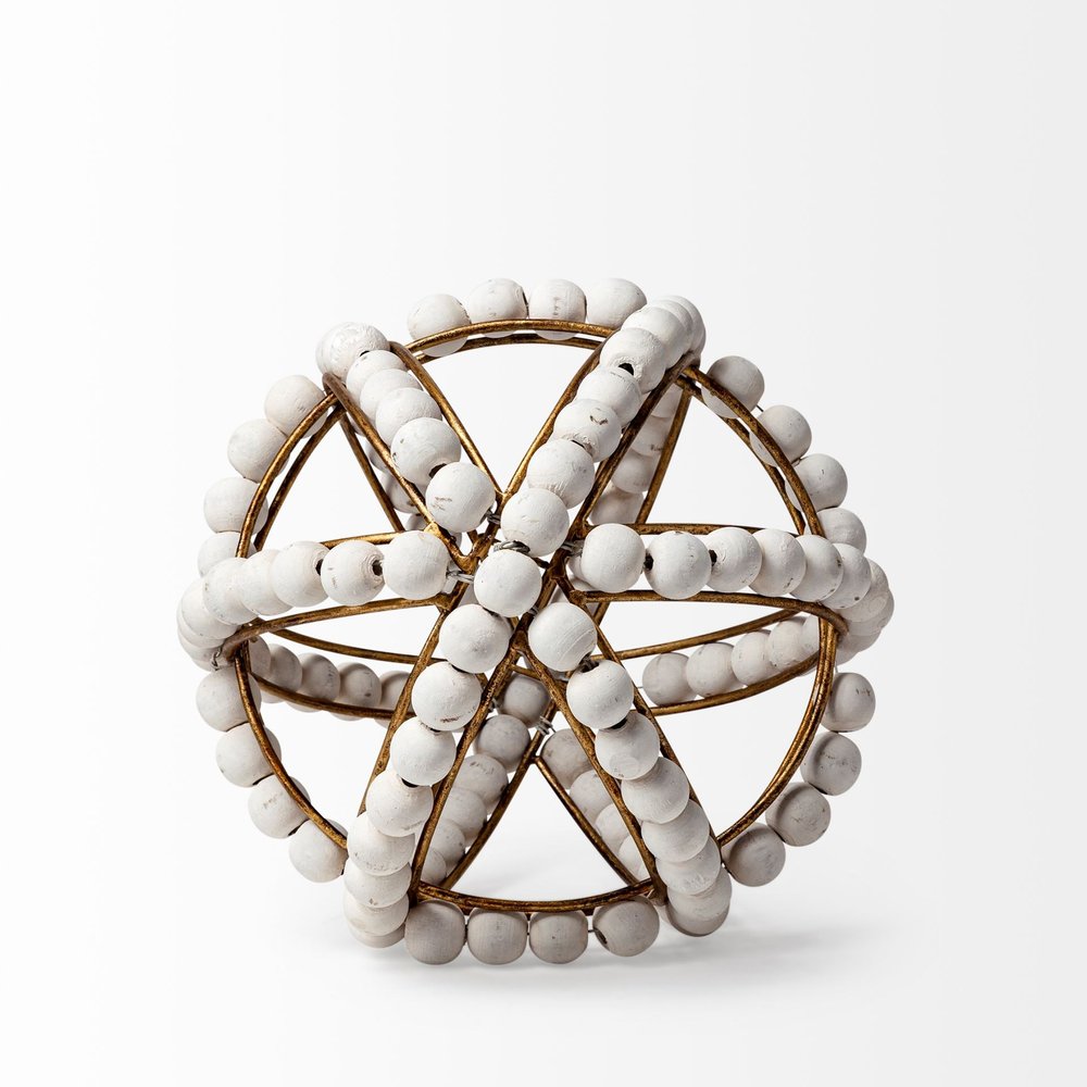 9" White And Gold Wooden Bead And Metal Orb Sculpture — view 2