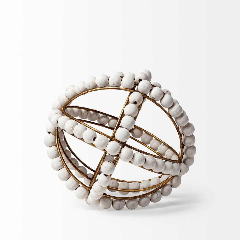 9" White And Gold Wooden Bead And Metal Orb Sculpture — view 3