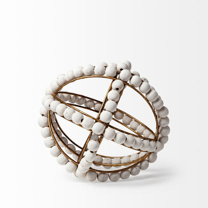 9" White And Gold Wooden Bead And Metal Orb Sculpture HomeRoots