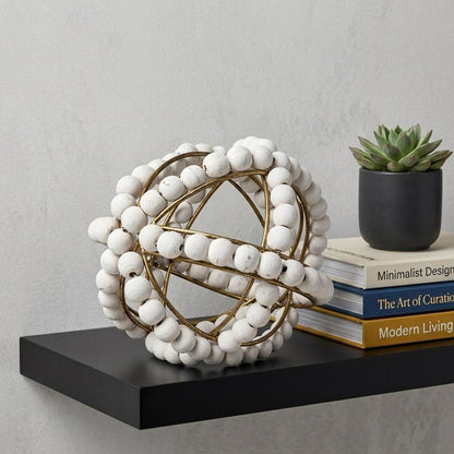 9" White And Gold Wooden Bead And Metal Orb Sculpture HomeRoots