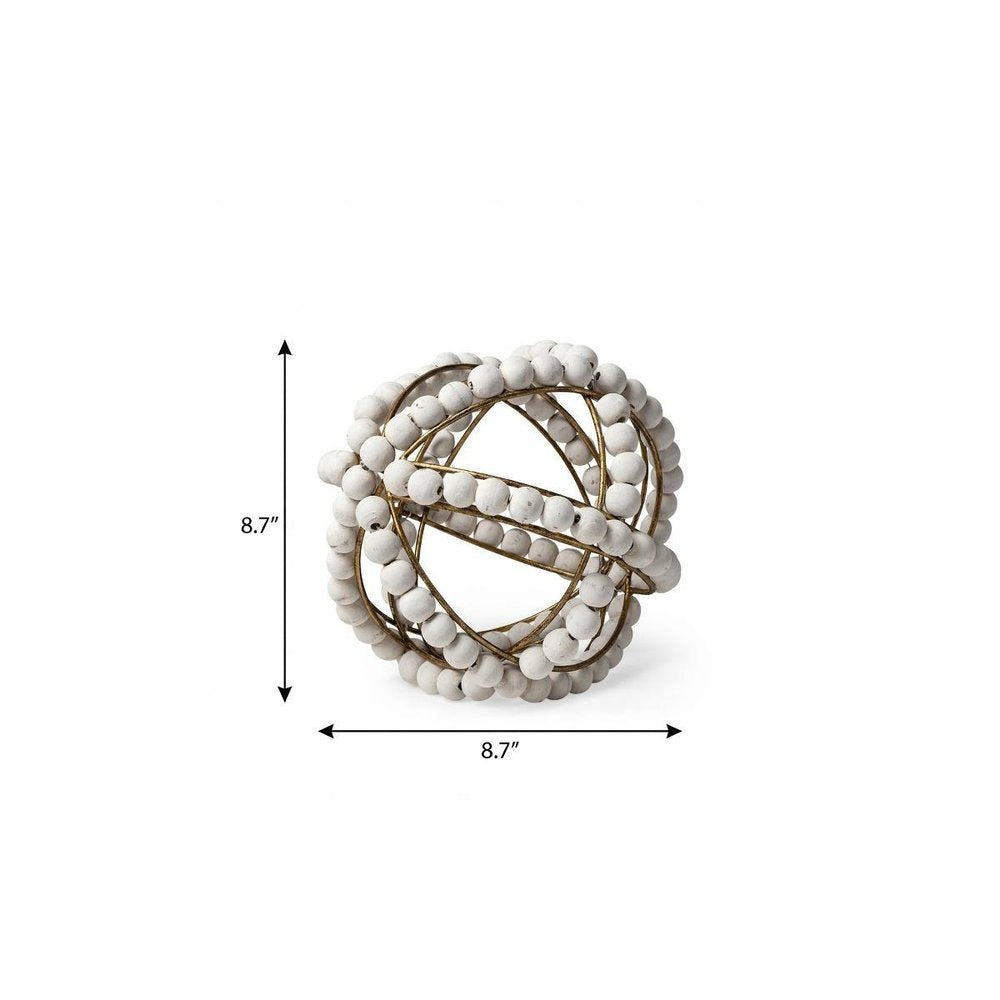 9" White And Gold Wooden Bead And Metal Orb Sculpture — view 7