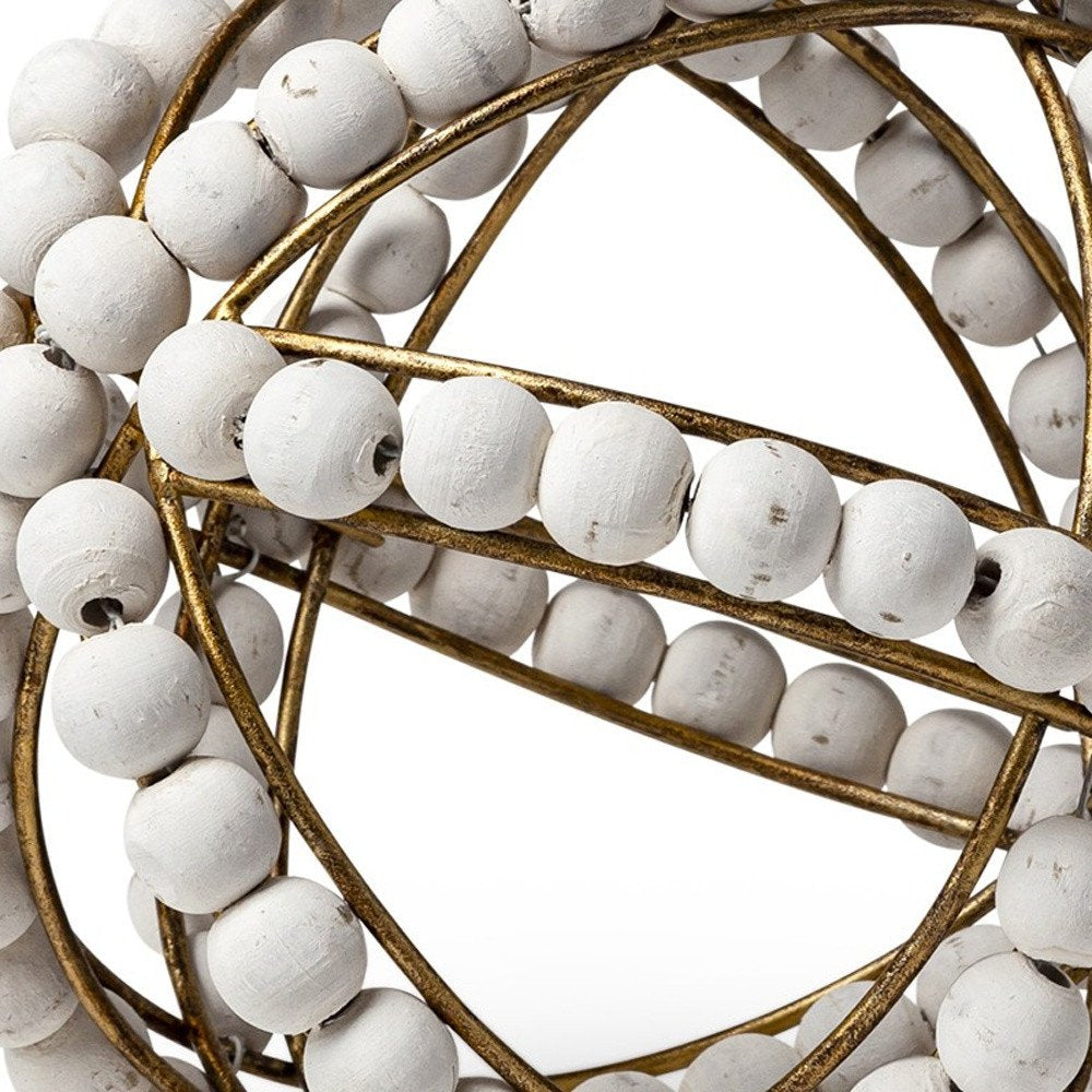 9" White And Gold Wooden Bead And Metal Orb Sculpture HomeRoots