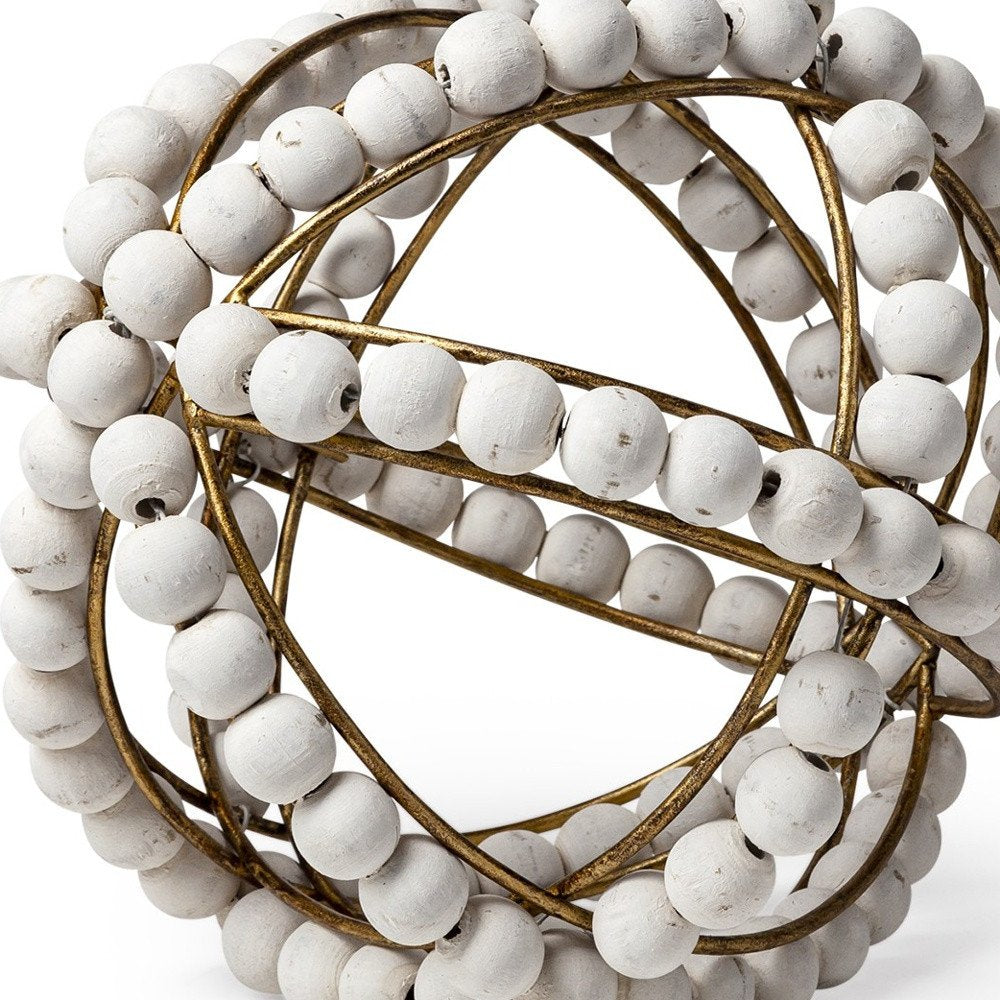 9" White And Gold Wooden Bead And Metal Orb Sculpture HomeRoots