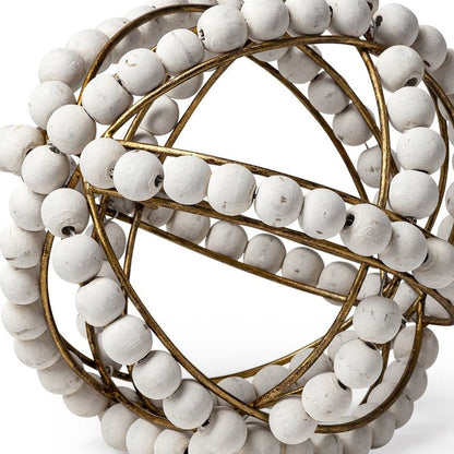 9" White And Gold Wooden Bead And Metal Orb Sculpture HomeRoots