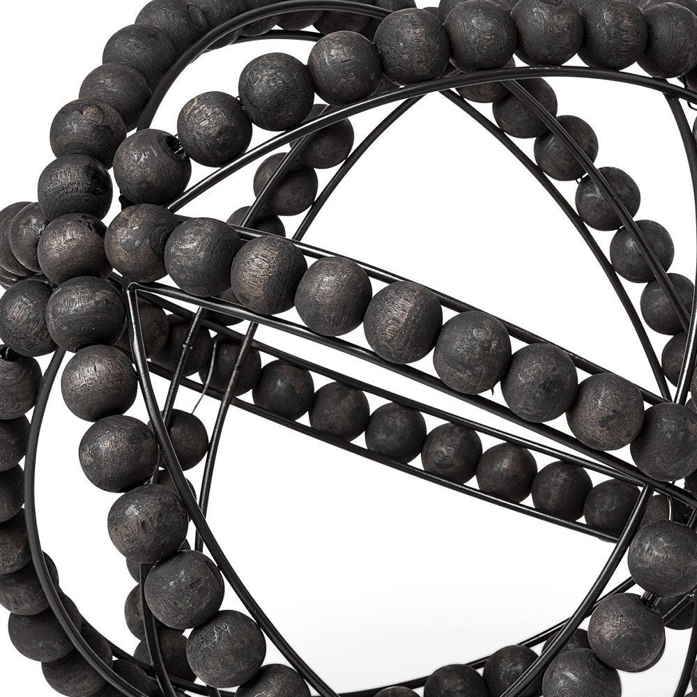12" Black Wood Bead And Metal Decorative Orb Sculpture — view 7