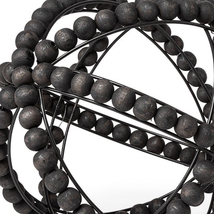 12" Black Wood Bead And Metal Decorative Orb Sculpture HomeRoots