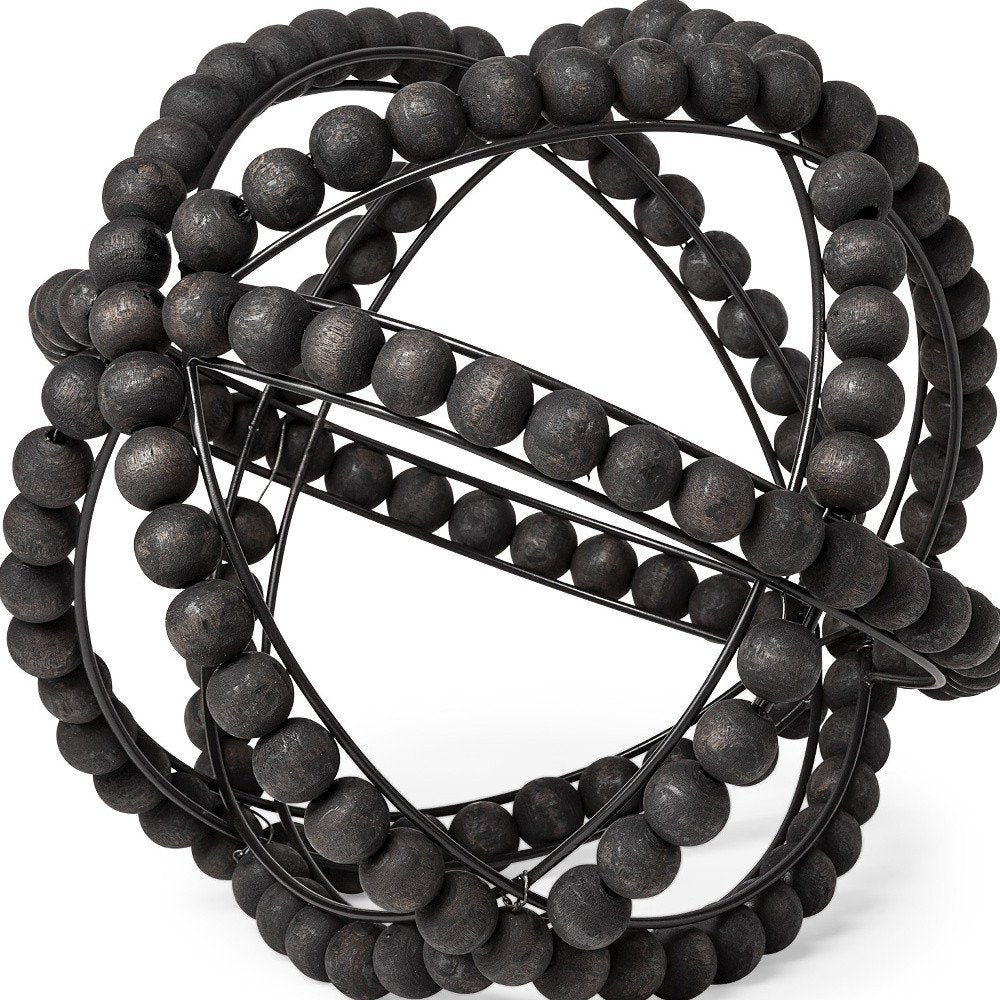 12" Black Wood Bead And Metal Decorative Orb Sculpture HomeRoots