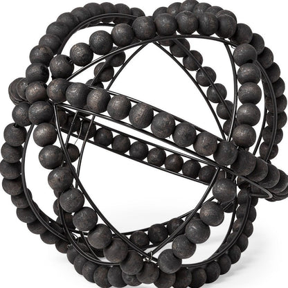 12" Black Wood Bead And Metal Decorative Orb Sculpture HomeRoots
