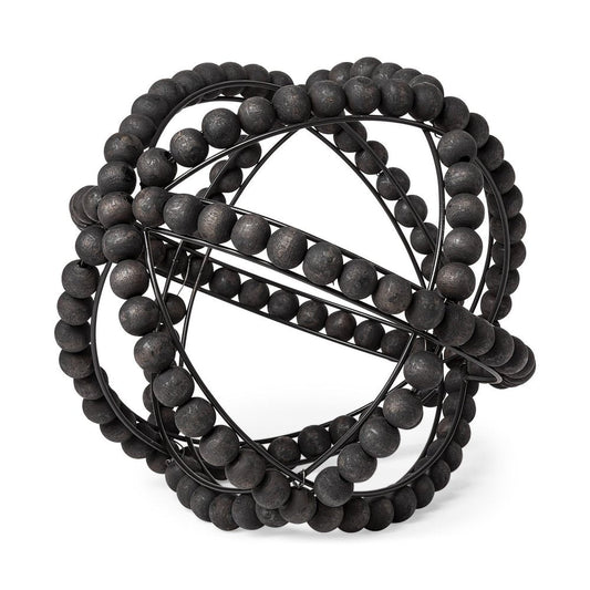 12" Black Wood Bead And Metal Decorative Orb Sculpture HomeRoots