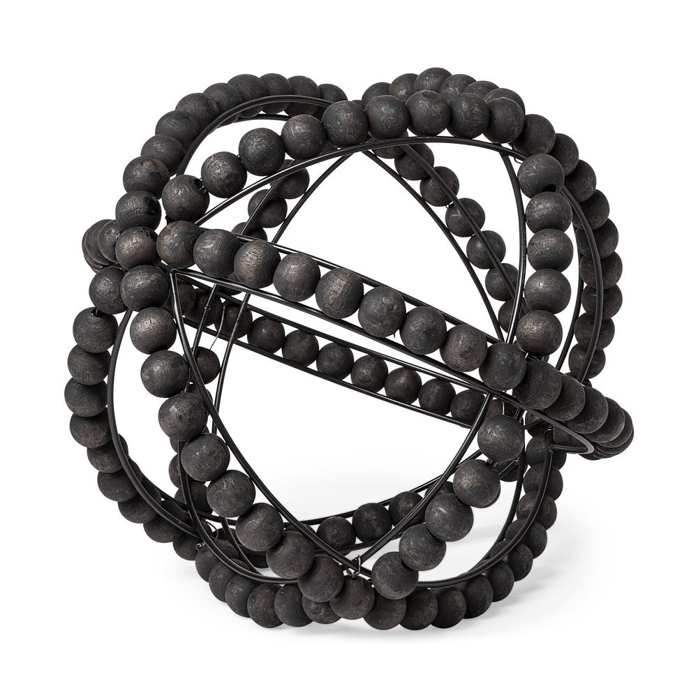 12" Black Wood Bead And Metal Decorative Orb Sculpture HomeRoots
