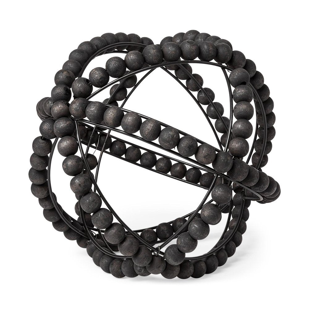 12" Black Wood Bead And Metal Decorative Orb Sculpture HomeRoots
