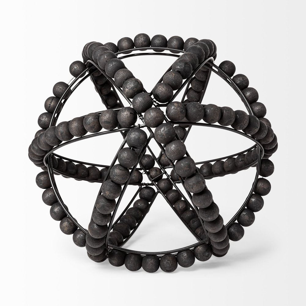 12" Black Wood Bead And Metal Decorative Orb Sculpture HomeRoots