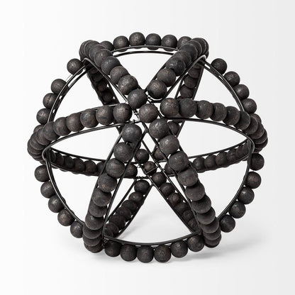 12" Black Wood Bead And Metal Decorative Orb Sculpture HomeRoots