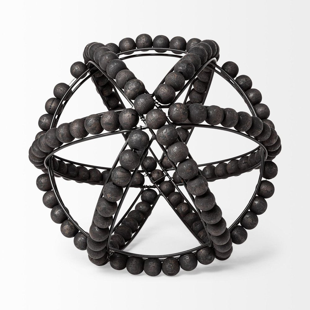 12" Black Wood Bead And Metal Decorative Orb Sculpture — view 2