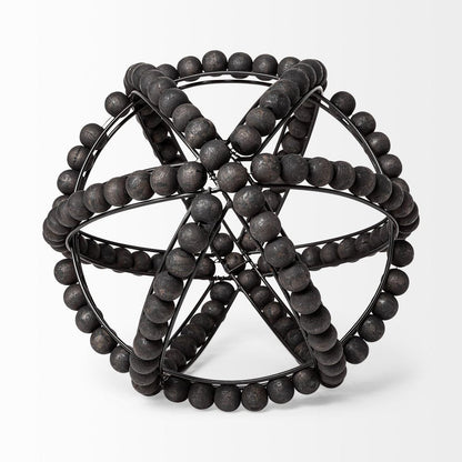 12" Black Wood Bead And Metal Decorative Orb Sculpture HomeRoots